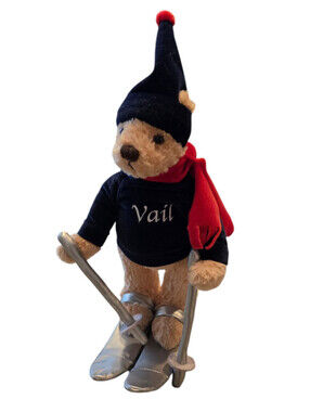 Vintage 1990s Vail Colorado Plush Teddy Bear Standing Skis in Sweater Mountain